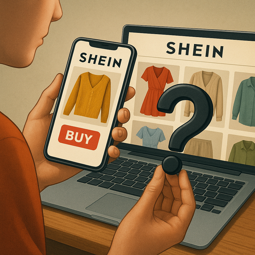 Imagem editorial com foco digital para SHEIN shopping tips